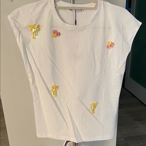 Zara White Tee with Yellow and Pink Accents
